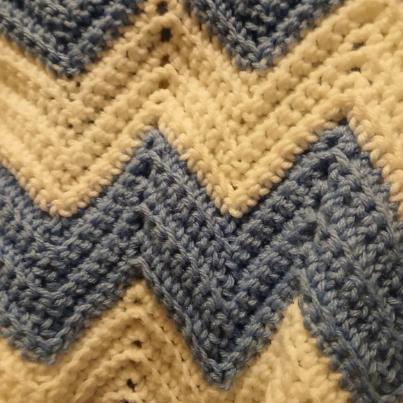 Hand Crochet Blue and White Chevron Knit Shawl With Buttons - Picture 7 of 8